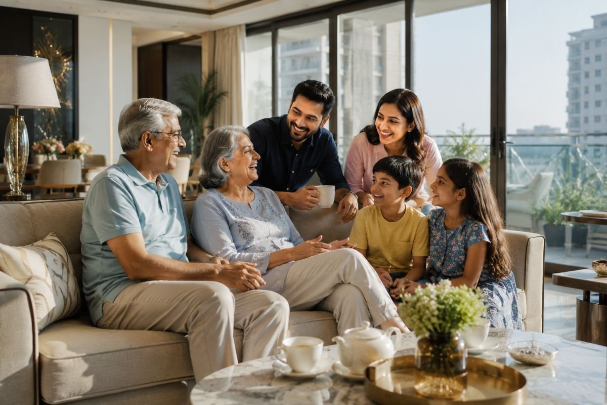 Happy retired parents relaxing in their modern apartment with family