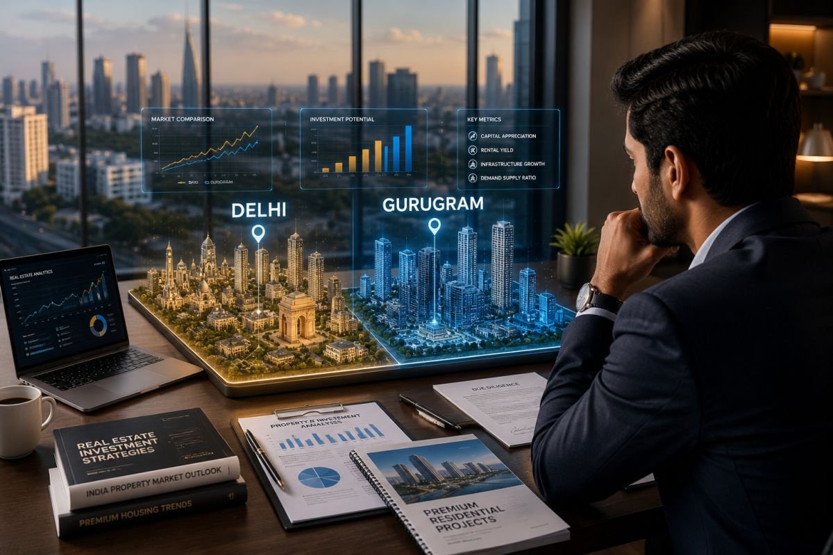 Real estate investor comparing Delhi and Gurgaon property investment opportunities