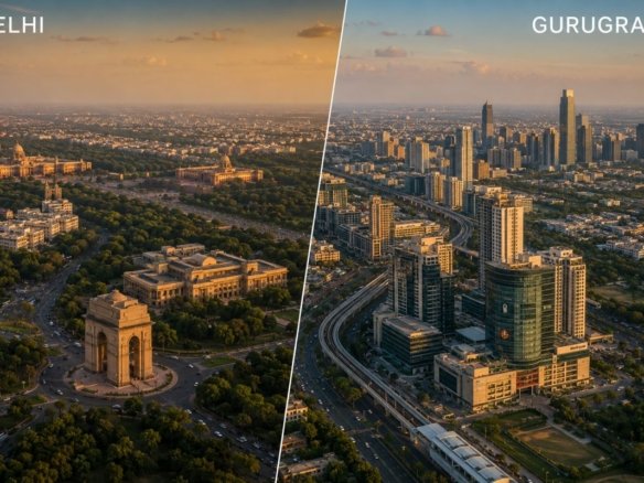 Delhi vs Gurgaon property investment comparison showing modern skylines in 2026