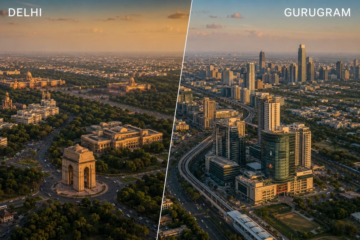 Delhi vs Gurgaon property investment comparison showing modern skylines in 2026