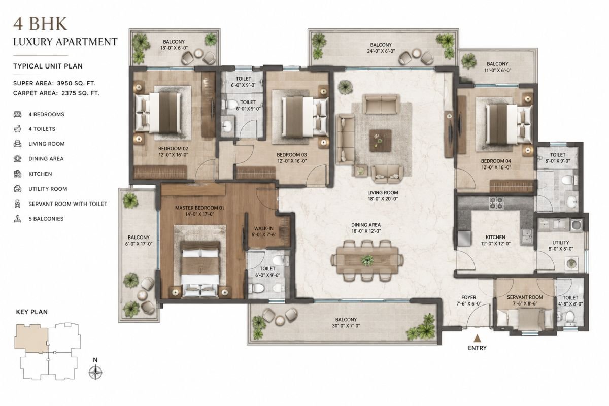 DLF Arbour floor plan 4 BHK luxury apartment
