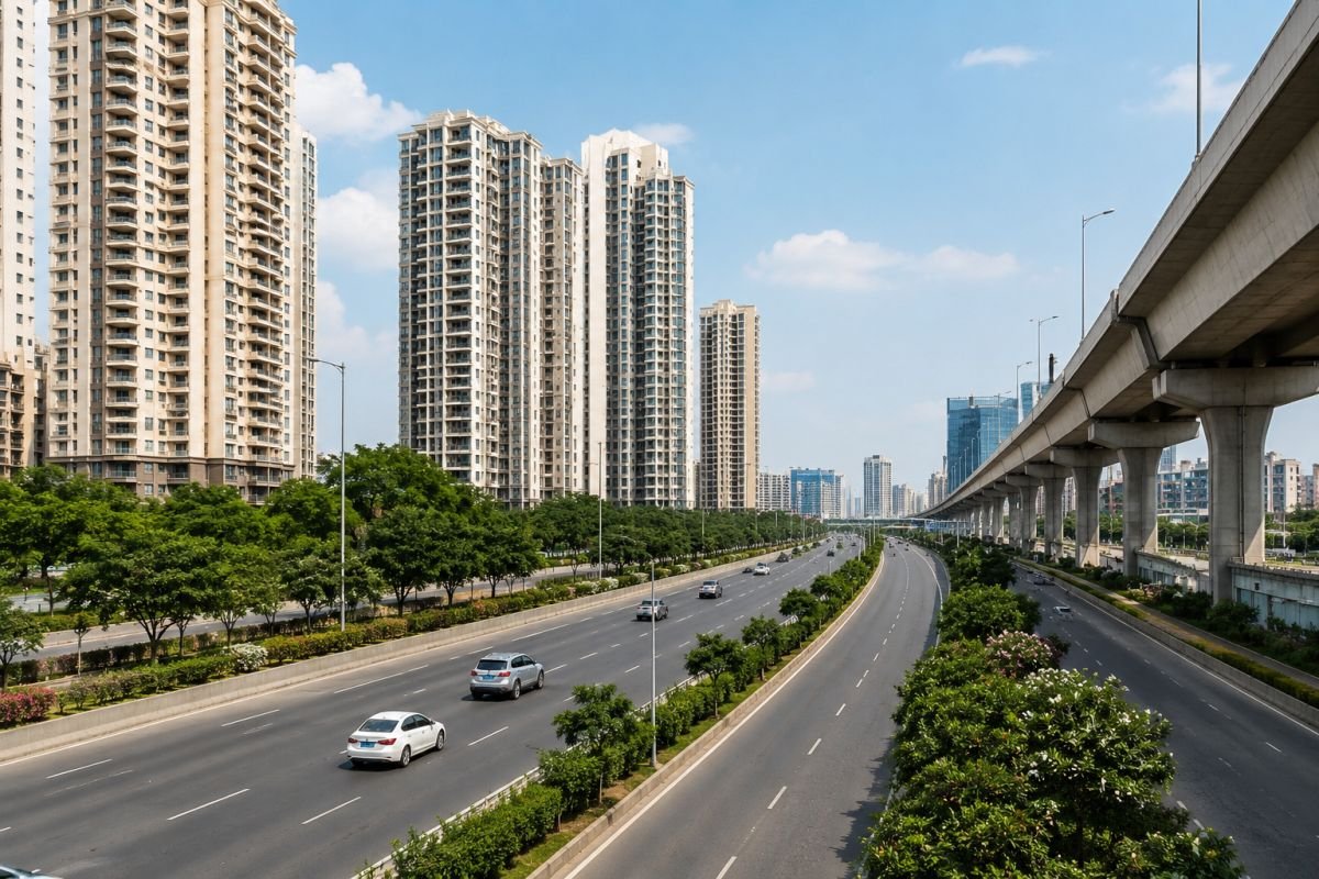 Current Dwarka Expressway status showing operational roadway and surrounding development
