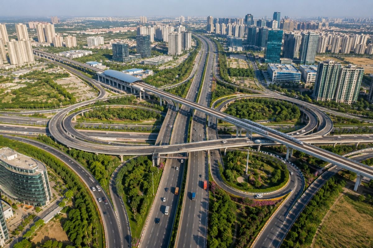 Modern transport infrastructure around Dwarka Expressway including airport connectivity and expressways
