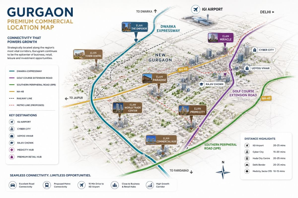 Map showing major Elan commercial projects across Gurgaon growth corridors