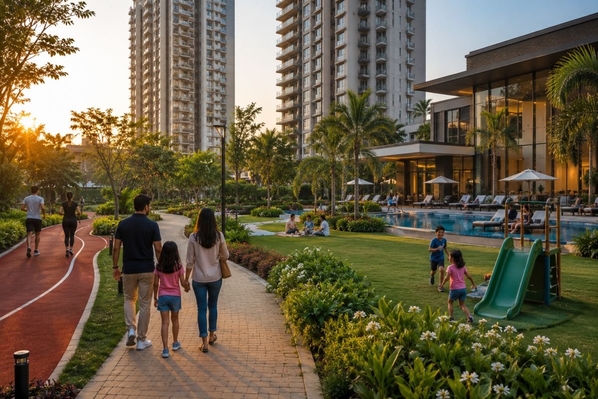 Families enjoying landscaped luxury residential community