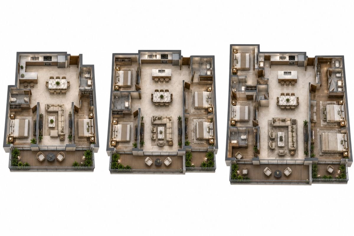 Comparison of 2 BHK 3 BHK and 4 BHK apartment layouts