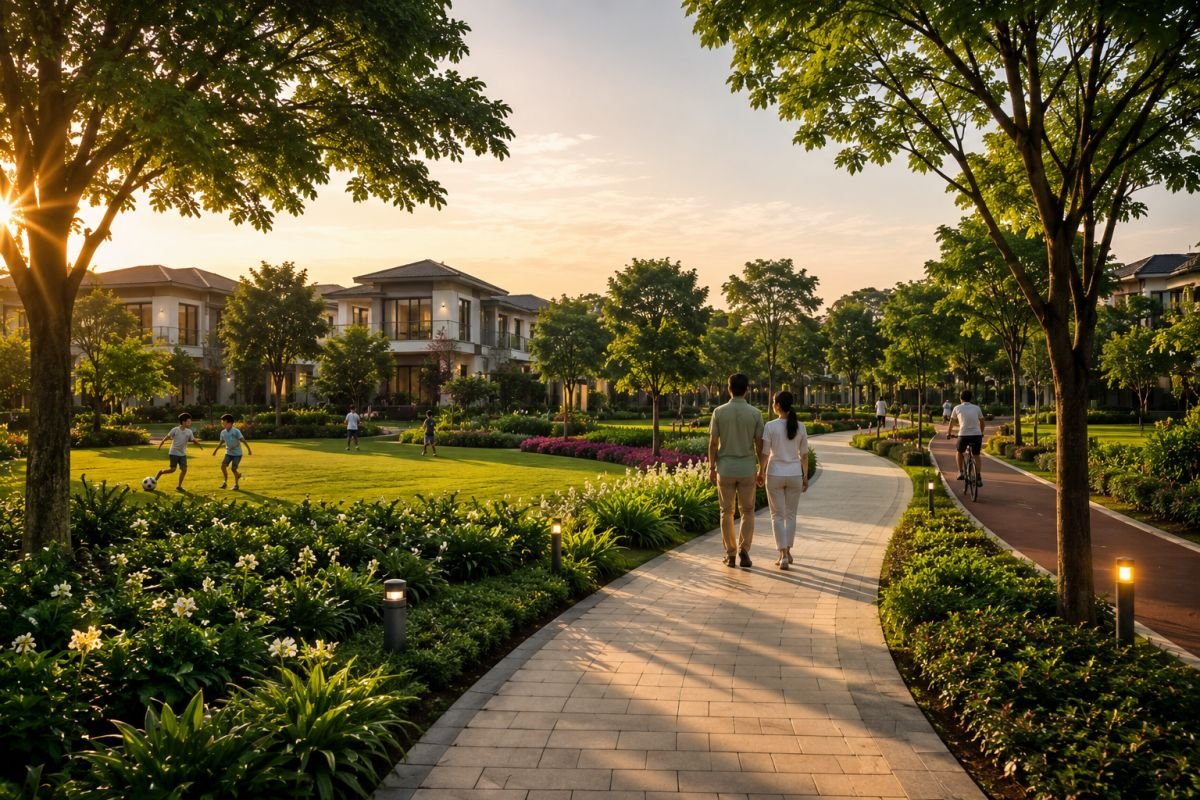 Landscaped gardens and walking trails at Emaar Serenity Hills