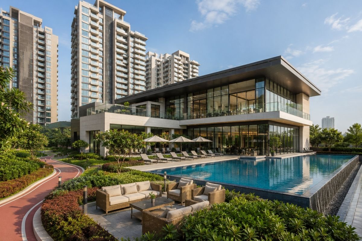 Luxury clubhouse and landscaped amenities in an Experion residential project