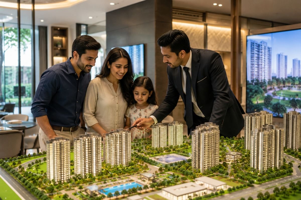Family choosing the right apartment with a real estate advisor