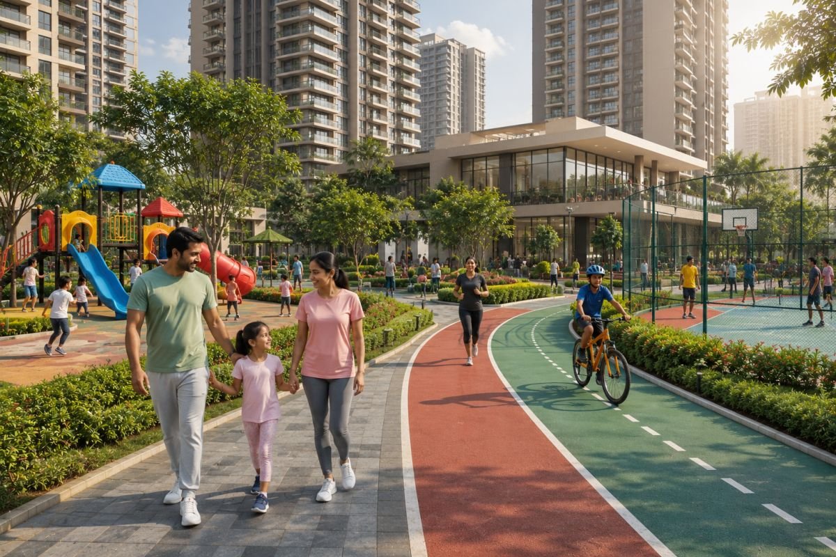 Indian family enjoying outdoor activities in a modern residential township