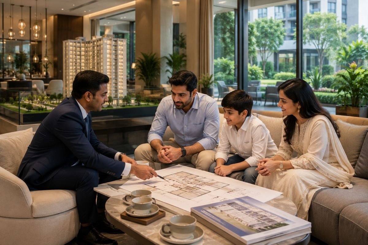 Family discussing apartment floor plans with real estate advisor