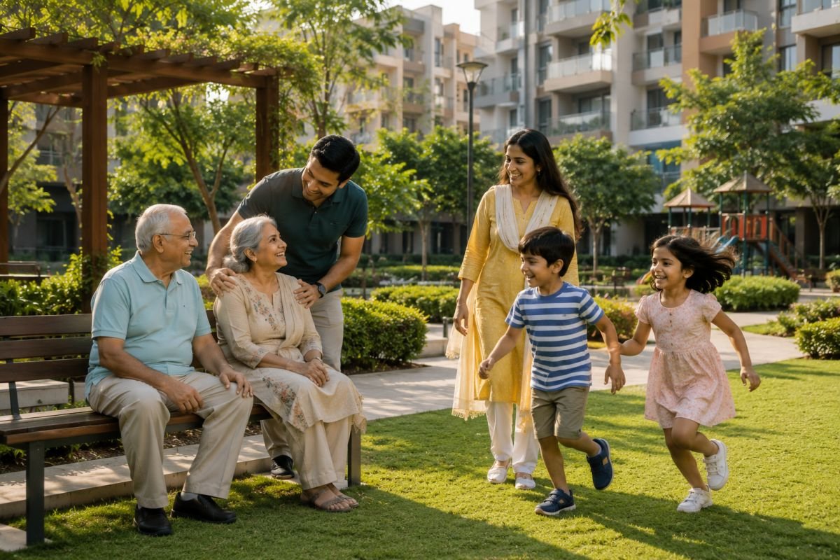 Family visiting elderly parents in a secure senior living community