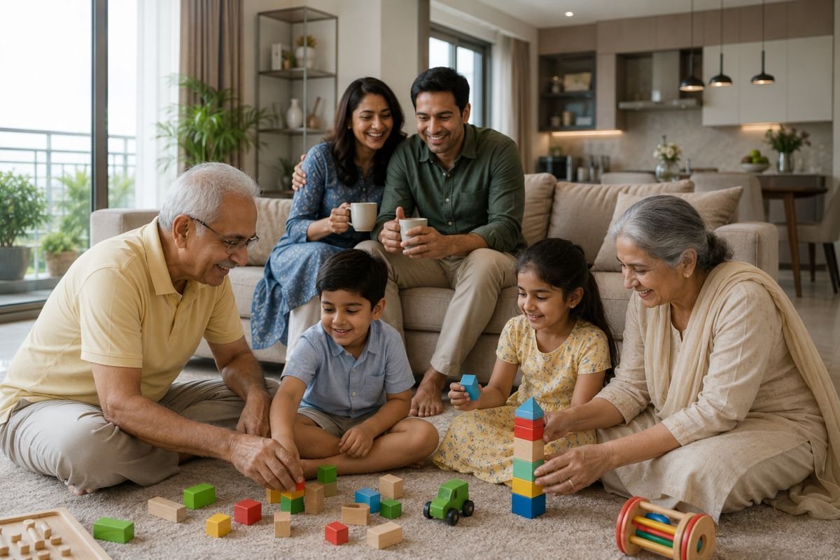 Multi-generational family spending quality time in a retirement home