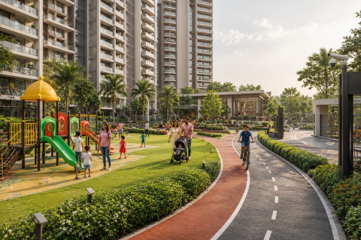 Child-friendly residential community with playground, landscaped gardens, and secure environment