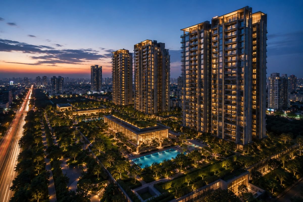 Evening skyline view of Godrej Miraya luxury community