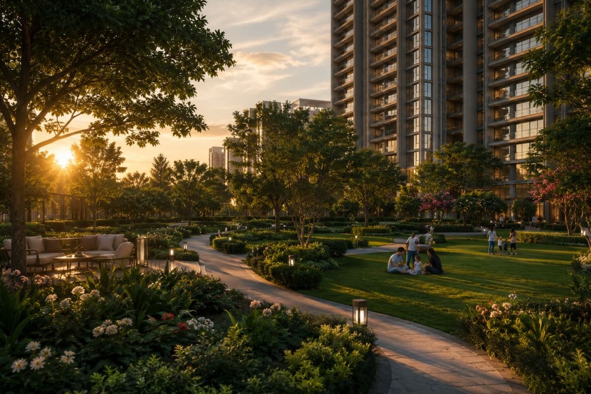Landscaped gardens and walking trails at Godrej Miraya