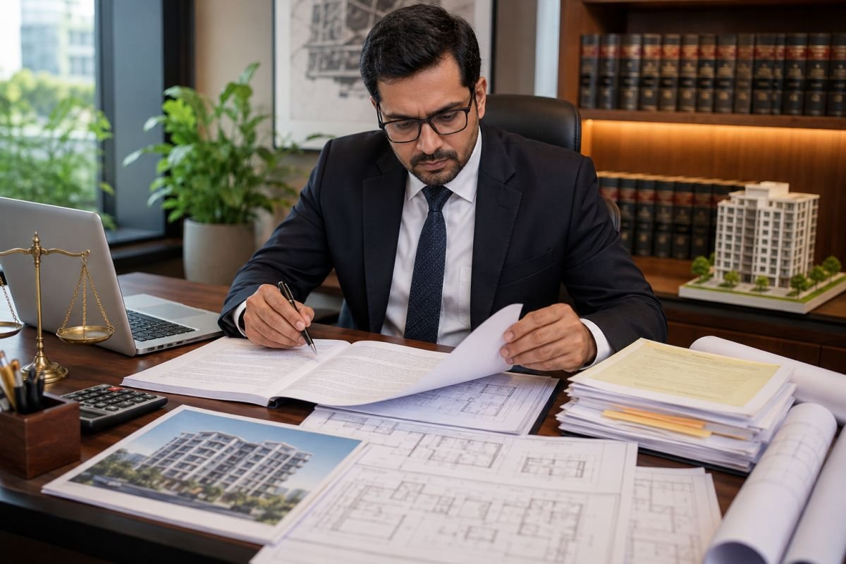 Property lawyer reviewing apartment purchase documents in Gurgaon