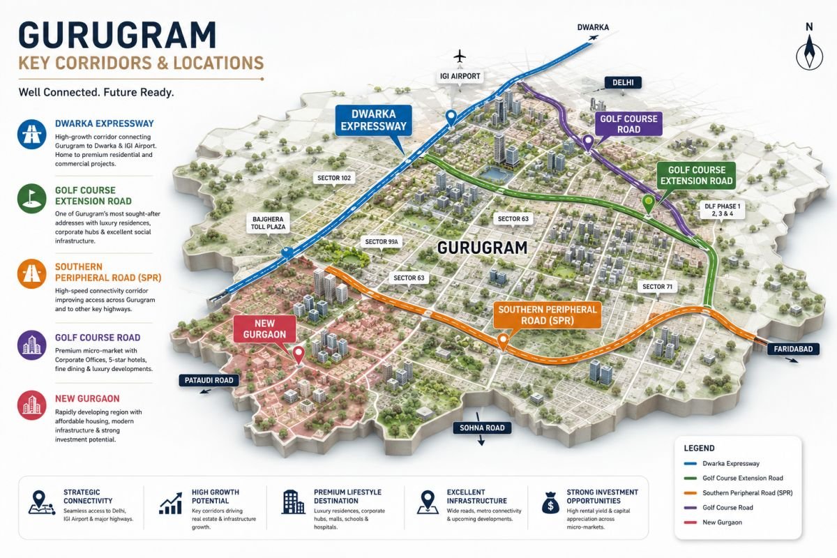 Major luxury growth corridors in Gurugram including Dwarka Expressway, Golf Course Extension Road and SPR