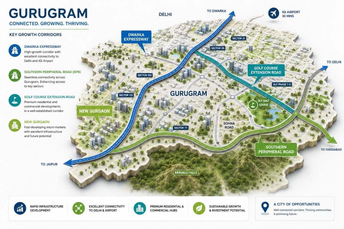 Major Gurgaon residential growth corridors including Dwarka Expressway SPR Golf Course Extension Road and New Gurgaon