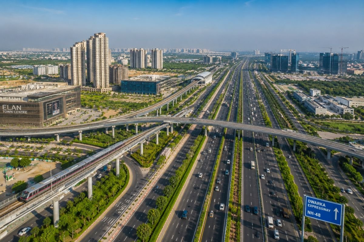 Modern infrastructure connecting Delhi and Gurgaon including Dwarka Expressway and NH-48