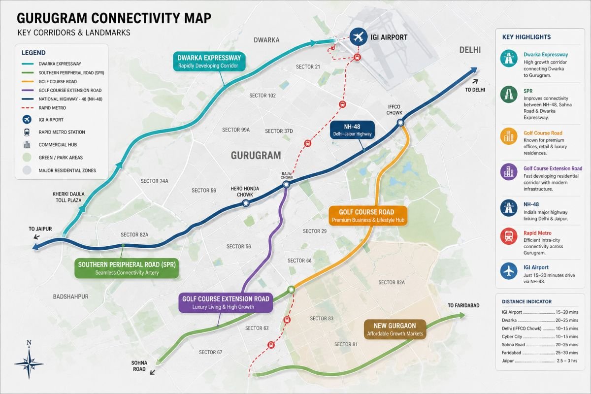 Gurgaon investment corridors map showing major growth locations