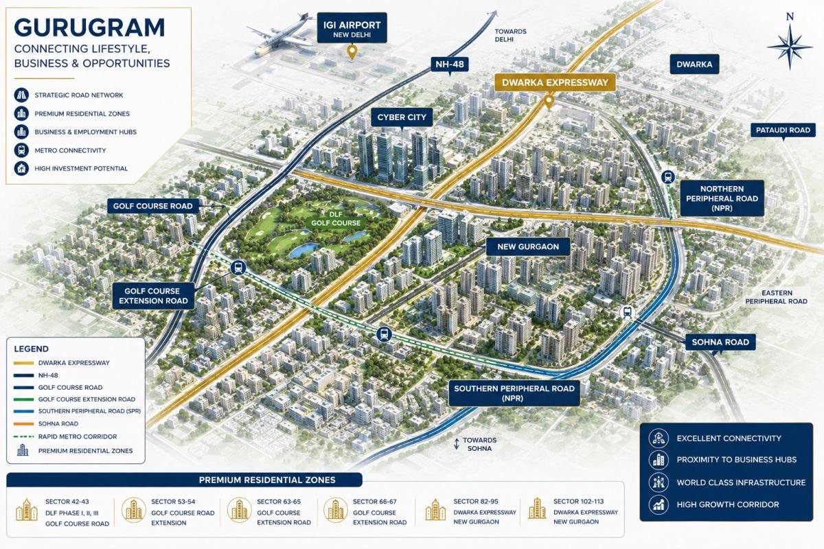 Map highlighting Dwarka Expressway, SPR, Golf Course Extension Road and New Gurgaon investment corridors