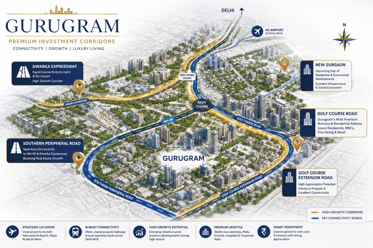 Major luxury investment corridors in Gurgaon including Dwarka Expressway, Golf Course Road, Golf Course Extension Road, SPR and New Gurgaon