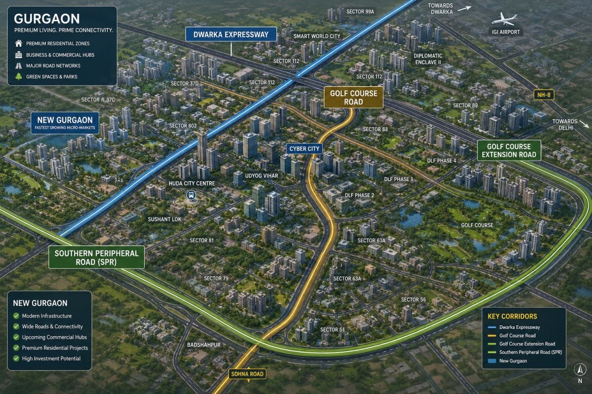 Major Gurgaon property investment corridors including Dwarka Expressway, Golf Course Road, SPR and New Gurgaon