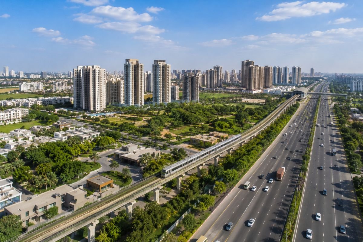 Modern residential neighbourhood in Gurgaon with wide roads and green surroundings