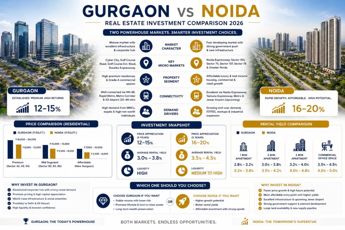 Rental yield comparison between Gurgaon and Noida highlighting corporate rental demand and investment performance.