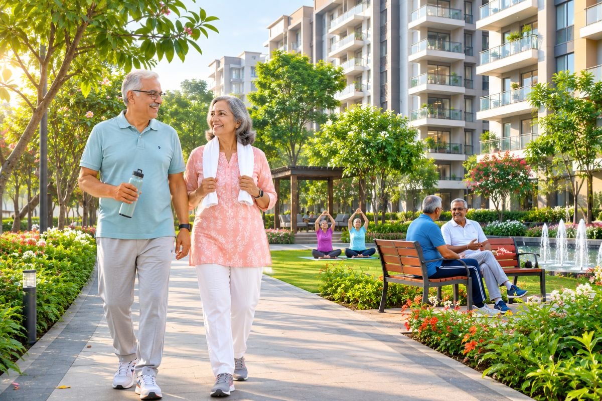 Senior couple enjoying an active lifestyle in a modern residential community