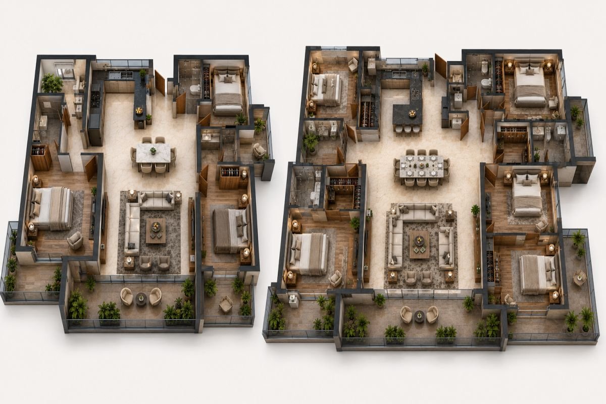 Comparison of 3 BHK and 4 BHK apartment layouts