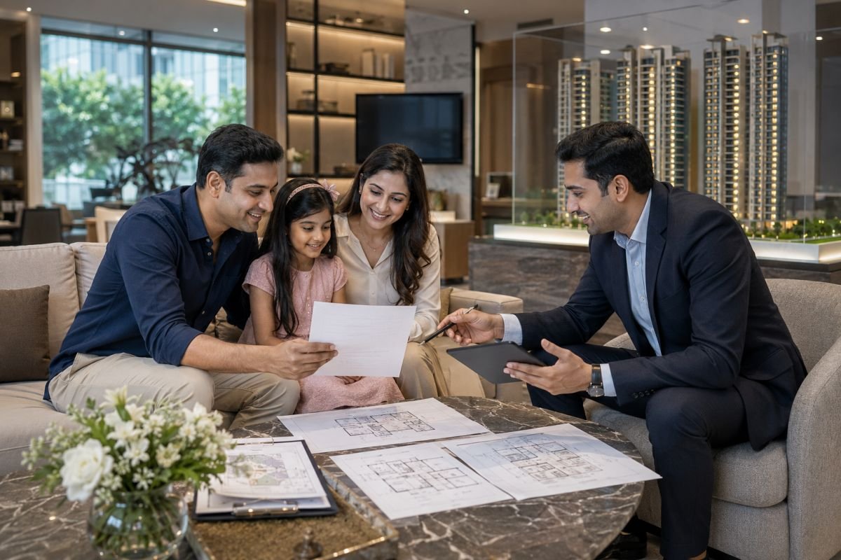 Family discussing luxury apartment purchase in Gurgaon