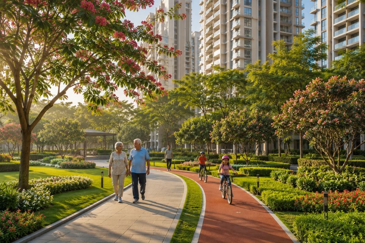 Landscaped gardens and walking trails at Indiabulls Estate & Club Gurgaon