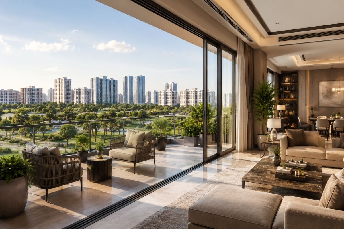 Spacious balcony with natural light in a luxury apartment