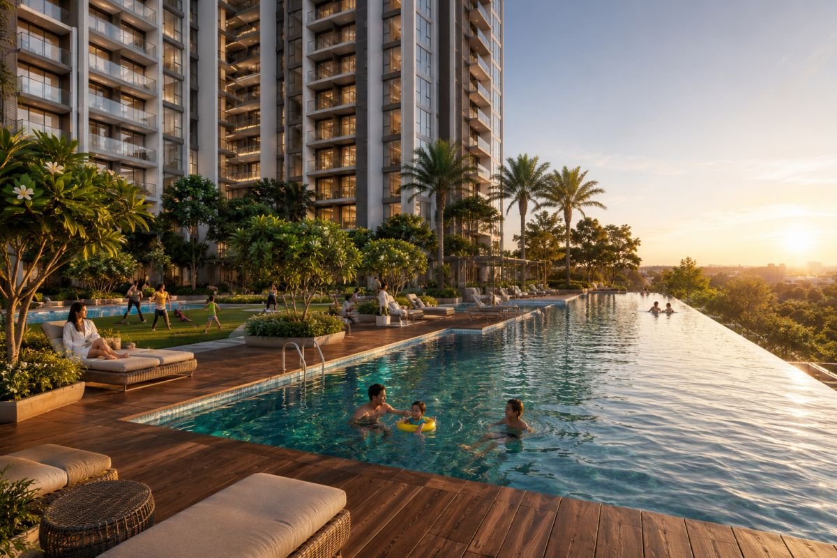 Resort-style amenities including swimming pool and landscaped gardens at Indiabulls Estate & Club