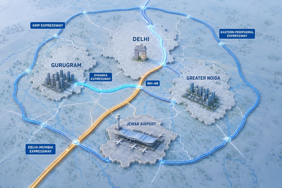 Connectivity map showing Jewar Airport and major NCR infrastructure corridors
