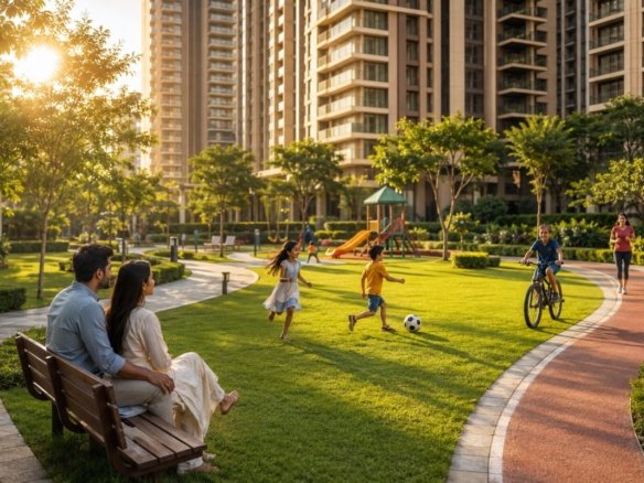 Happy family enjoying a kid-centric homes residential community with green parks and modern apartments