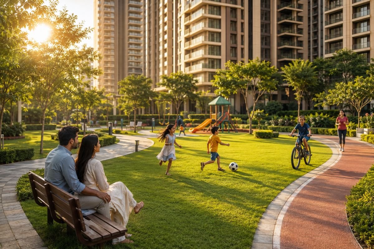 Happy family enjoying a kid-centric homes residential community with green parks and modern apartments