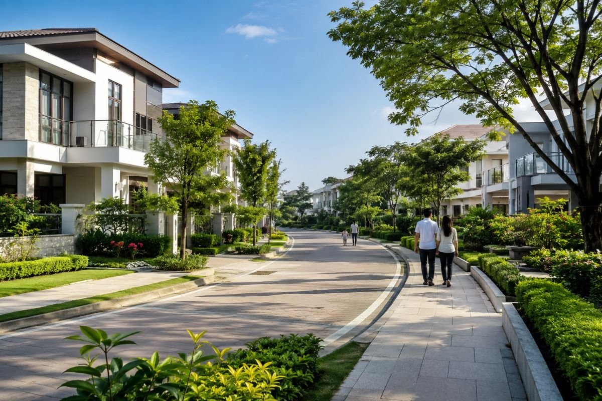 Low-density luxury residential community with spacious roads and greenery