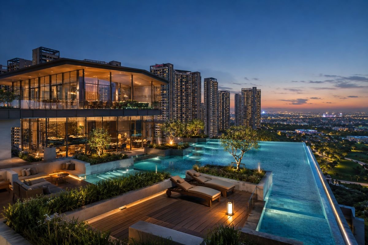 Premium luxury clubhouse with wellness amenities and landscaped gardens