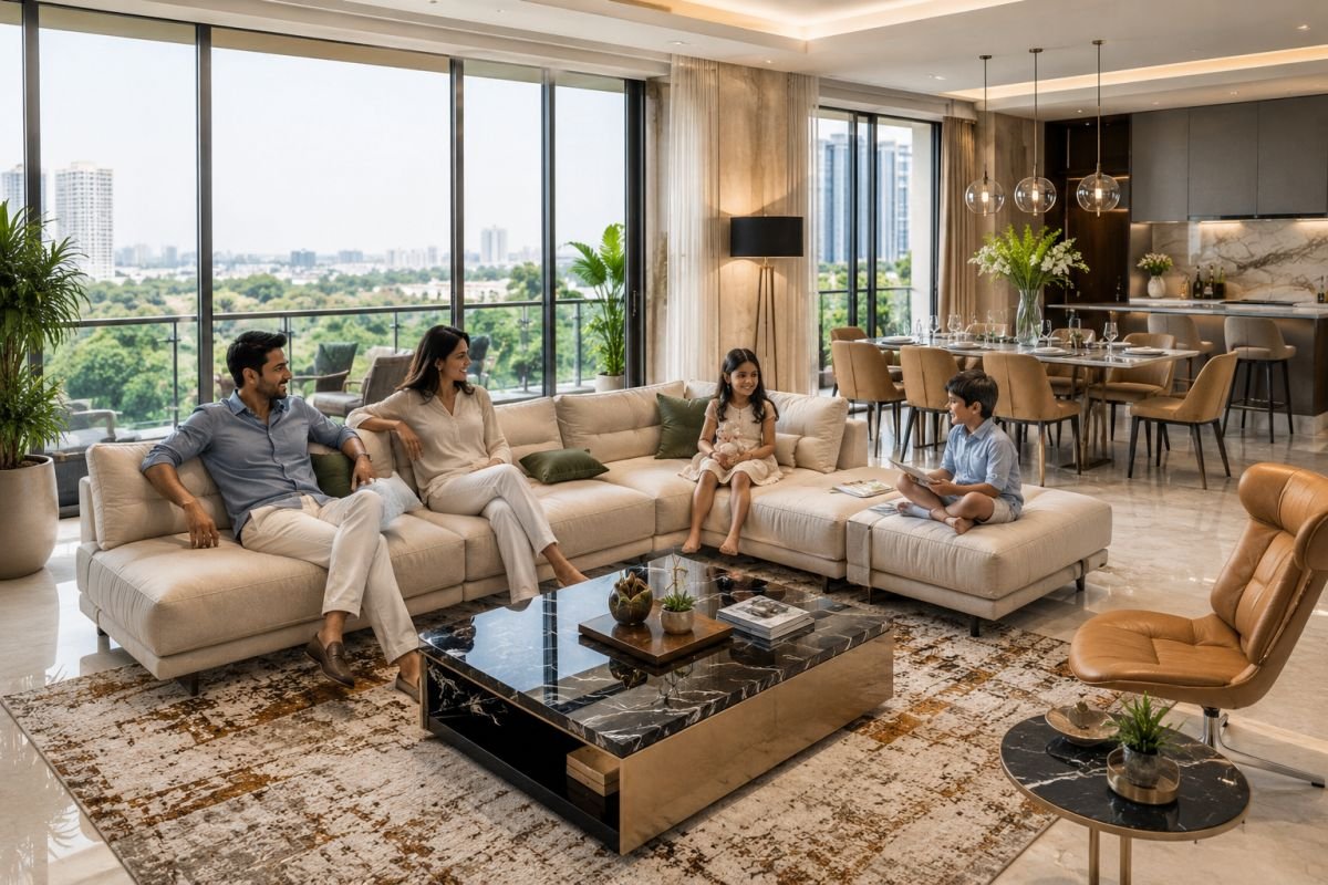 Family enjoying spacious luxury apartment living at Emaar Serenity Hills