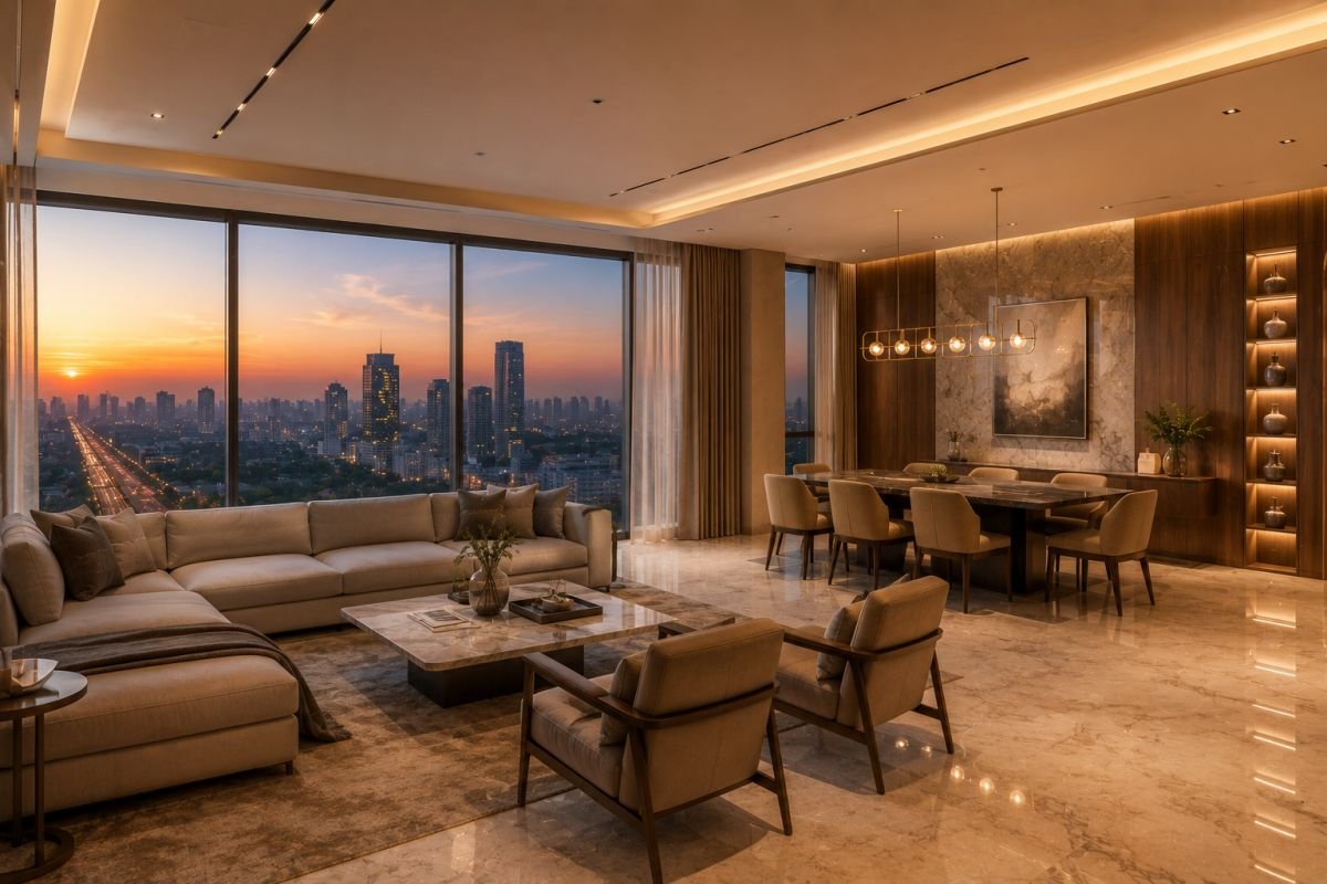 Contemporary luxury apartment interior overlooking Gurgaon skyline