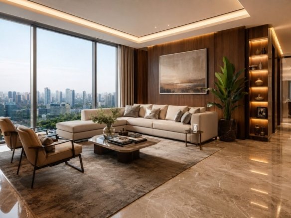 Luxury home interior design in Gurgaon featuring modern living room with marble flooring and premium furniture