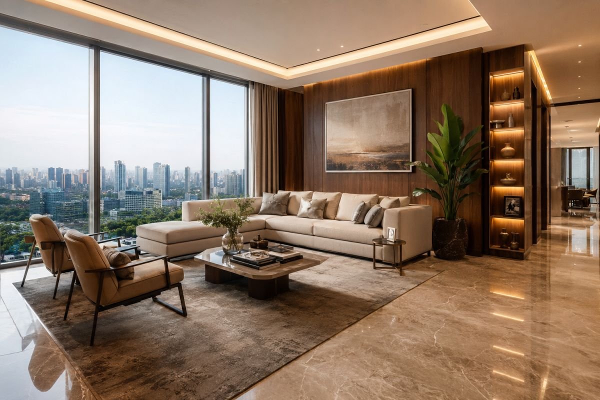 Luxury home interior design in Gurgaon featuring modern living room with marble flooring and premium furniture