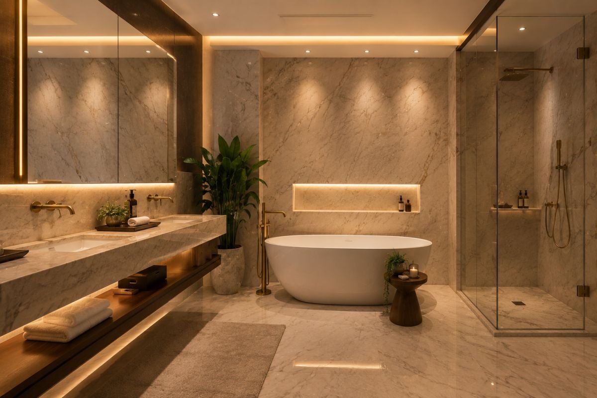 Luxury spa-inspired bathroom with marble finishes and warm lighting