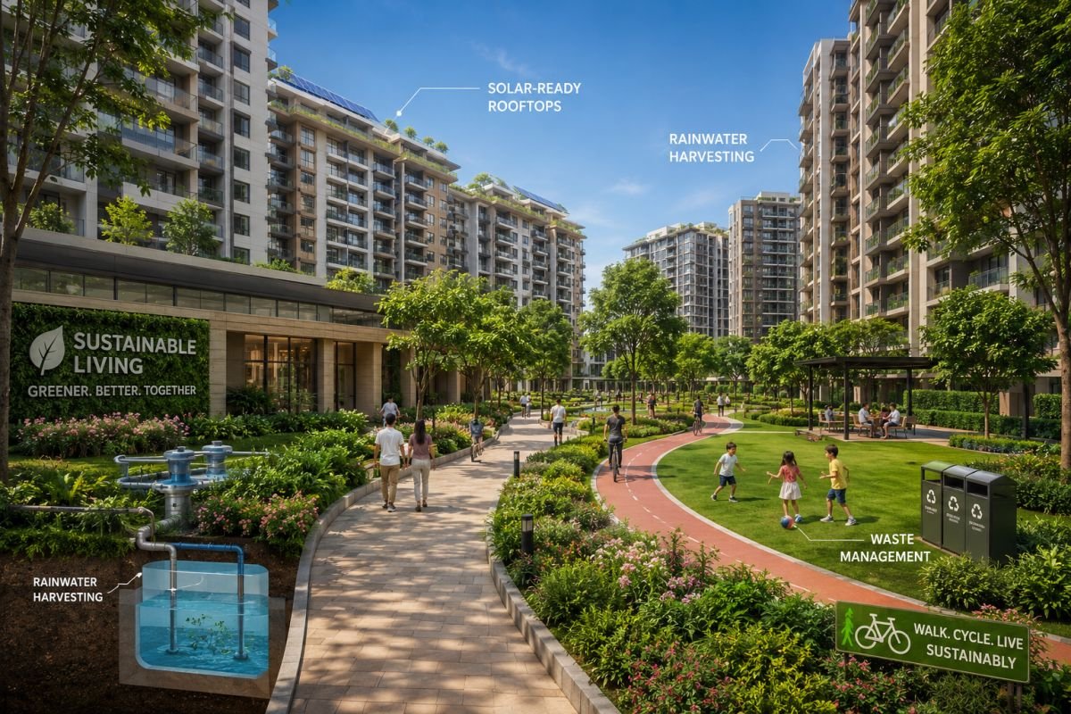 Green building features in Mahindra Lifespaces projects including landscaped spaces and energy-efficient design