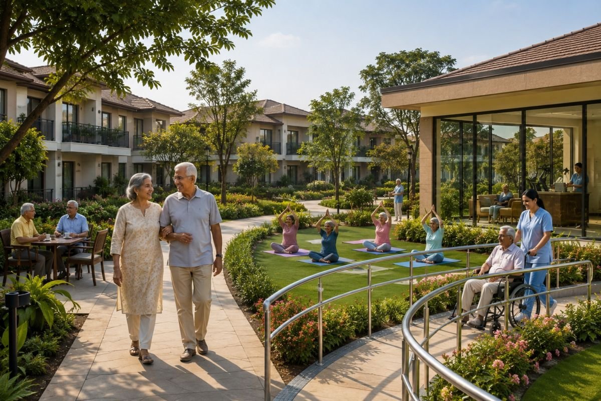Modern senior living community with healthcare and wellness amenities