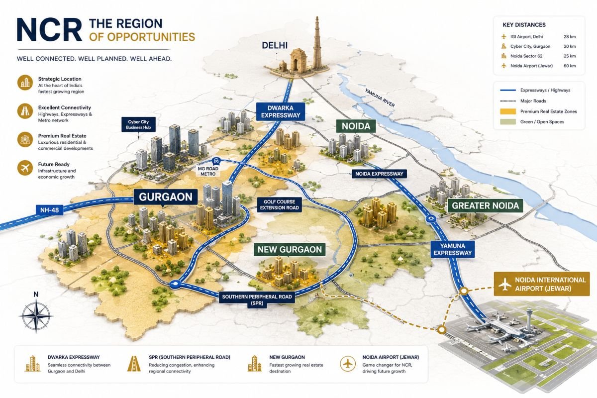 Map showing Gurgaon growth corridors, Noida, Yamuna Expressway and Jewar Airport investment zones.