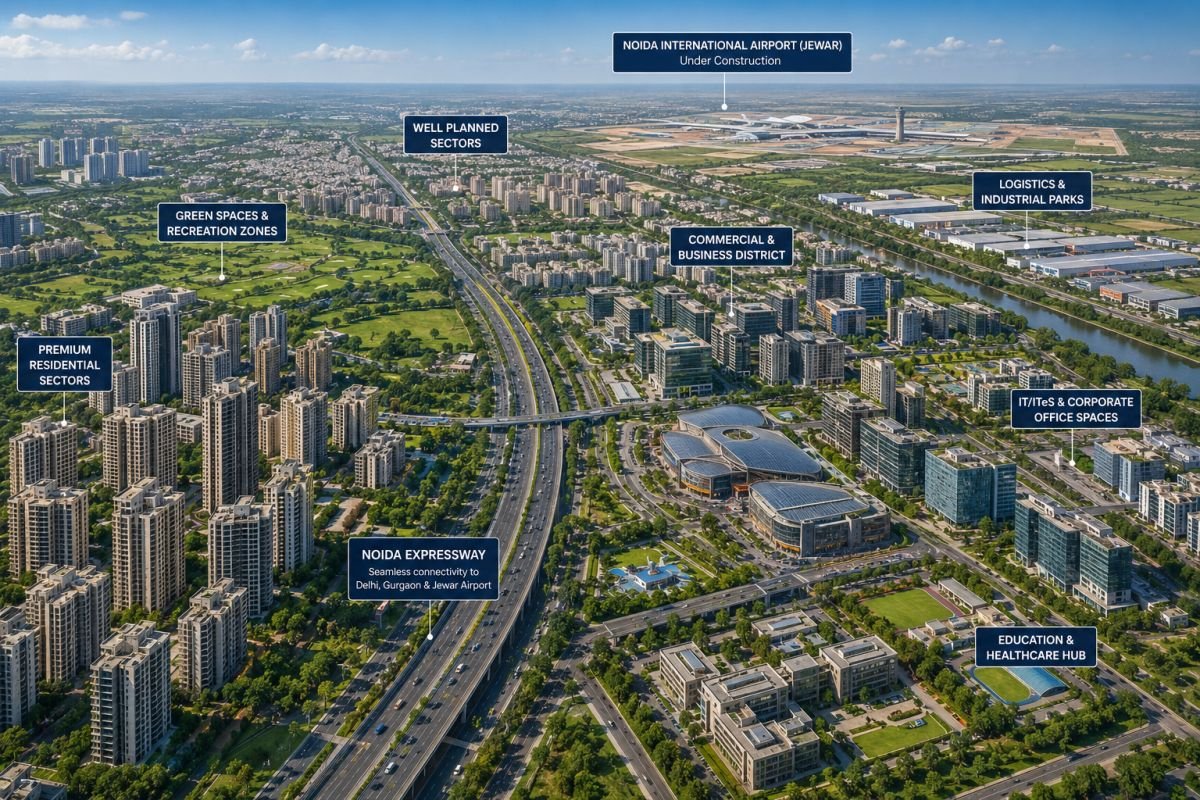 Noida infrastructure growth with Noida Expressway and Jewar Airport driving future real estate development.